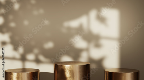 3D rendering of Three metal podiums for placing items in a white room and a window shadow background. Mockup for show product.