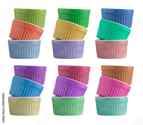 Group of ceramic baking cup on white background
