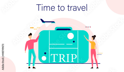 People are standing around a large baggage. Landing page template for tourism, travel, active lifestyle. Vector illustration.
