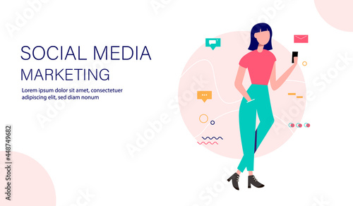Social marketing landing page template. Woman with smartphone and social media icons. Vector illustration.