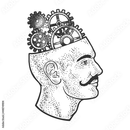 Gears in head abstract line art sketch engraving vector illustration. T-shirt apparel print design. Scratch board imitation. Black and white hand drawn image.
