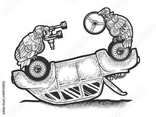 robot vulture disassemble car sketch engraving vector illustration. T-shirt apparel print design. Scratch board imitation. Black and white hand drawn image.