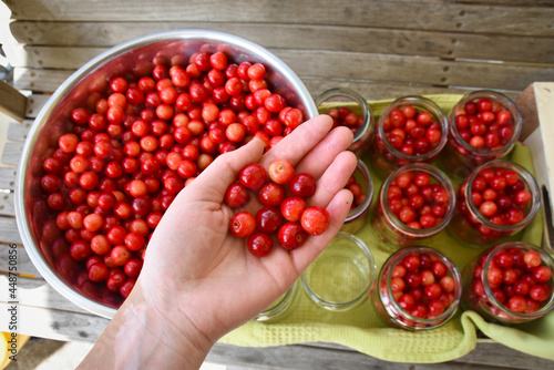 Cherry compote being prepared for winter preservation in a big pot on a stove, where all bacteria is destroyed because of heat.