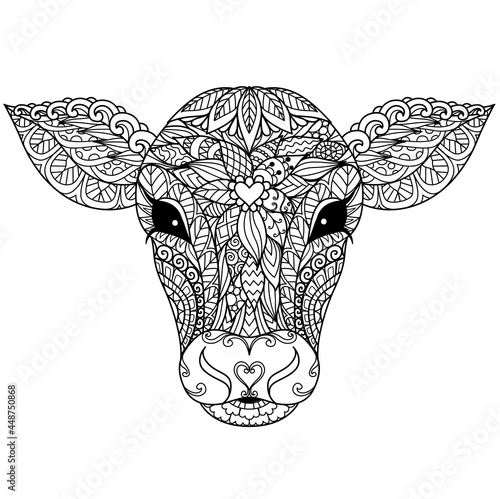 Calf or cow head mandala for adult coloring book,coloring page,print on product, laser cut, paper cut and so on. Vector illustration.