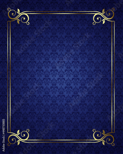 Gold  border frame on blue pattern background-1 