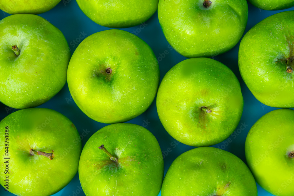 green apples on blue background, fruits green apples on blue background, fruits