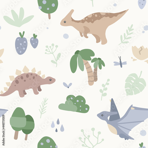 Cute pastel tropical dino pattern for fabric, texlile, wrapping, paper.