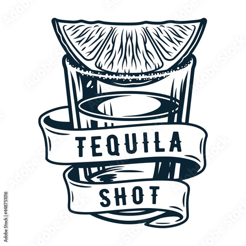 Tequila shot with lime and salt. Alcohol cocktail with ribbon for bar, pab or restaurant. Tropical tequila. Hand drawn illustration to vector isolated on background