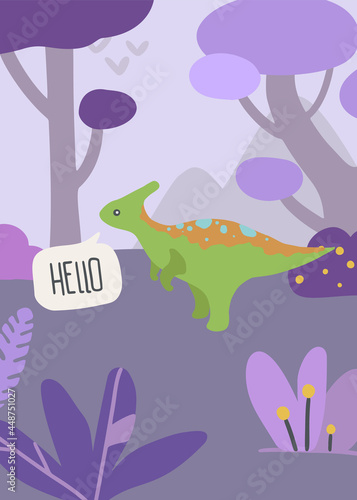 Cute dino parasaurolophus, say hello in fantasy jungle.