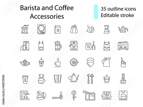 Professional barista accessories outline icons set. Coffee shop tools. Editable stroke. Isolated vector illustration