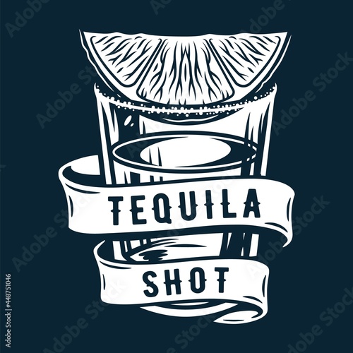 Tequila shot with lime and salt. Alcohol cocktail with ribbon for bar, pab or restaurant. Tropical tequila. Hand drawn illustration to vector isolated on background