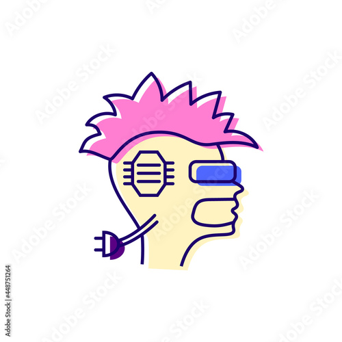 Human head with microchip color icon. Skull with mohawk. Cyberpunk concet. High tech technology