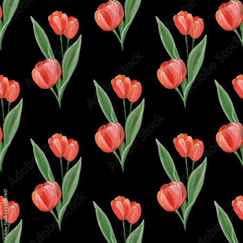 Red bright tulips with leaves on a black background. Watercolor hand drawn illustration. Spring flowers. Floristic seamless pattern. For textiles, packaging, postcards.