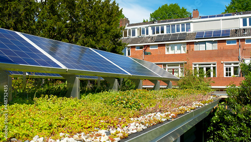 Solar panels on a green rooftop with blooming sedum for climate adaptation. Photovoltaic cells on a rooftop garden with sedum plants.. Sustainable energy, groene stroom. photo