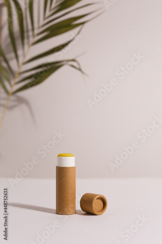 Zero Waste Lipstick packaging. Lip balm tube made of paper. Blank label mock up. Copy space for text photo