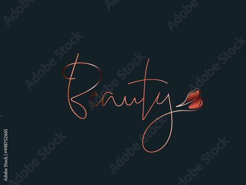 Beauty wordmark with lips shape.Cosmetics salon lettering logo isolated on dark background.Calligraphic handwritten text.Shiny metallic copper color.