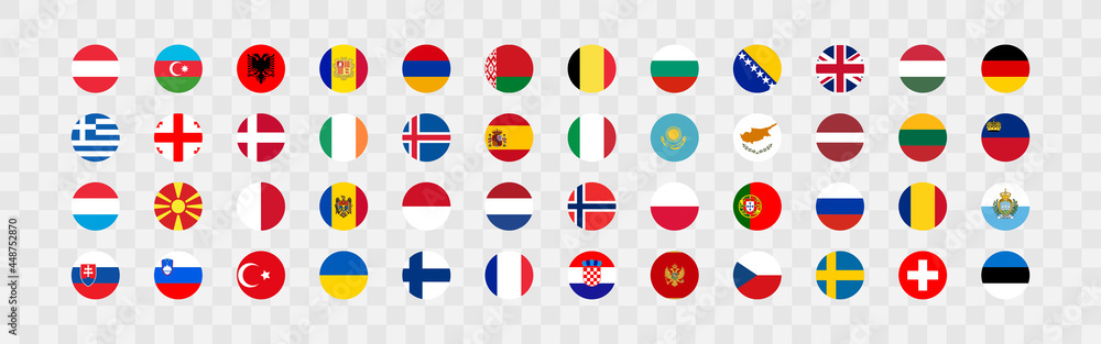 European country flag in a circle on a transparent background. 48 national flags. Vector set icons European country flag in a circle on a transparent background. 48 national flags. Vector set icons