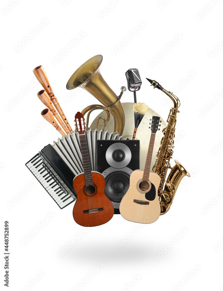 Group of different musical instruments on white background - obrazy, fototapety, plakaty 