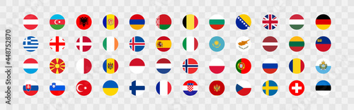 European country flag in a circle on a transparent background. 48 national flags. Vector set icons