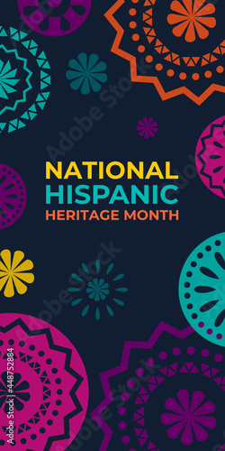 Hispanic heritage month. Vertical vector web banner, poster, card for social media. Greeting with national Hispanic heritage month text, Papel Picado pattern, perforated paper on black background.
