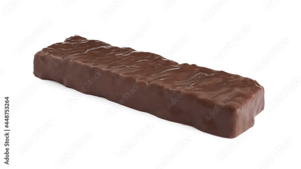 Tasty chocolate glazed protein bar isolated on white. Healthy snack Tasty chocolate glazed protein bar isolated on white. Healthy snack