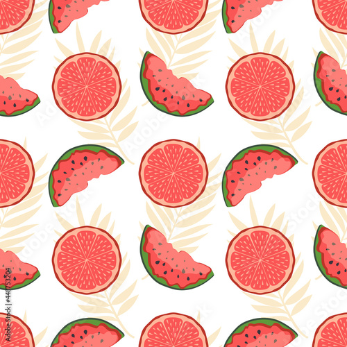 Fototapeta Naklejka Na Ścianę i Meble -  Seamless summer tropical background with slices of red watermelon and grapefruit. Printing on trendy fabrics, modern textiles, posters, decorative pillows, interior design. Vector.