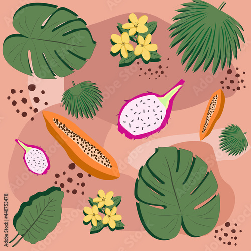 Tropical leaves summer background vector. Includes leaf shapes, durian, papaya and flowers. Botanical design for fabrics, wallpapers, postcards. Summer pattern.Vector background.