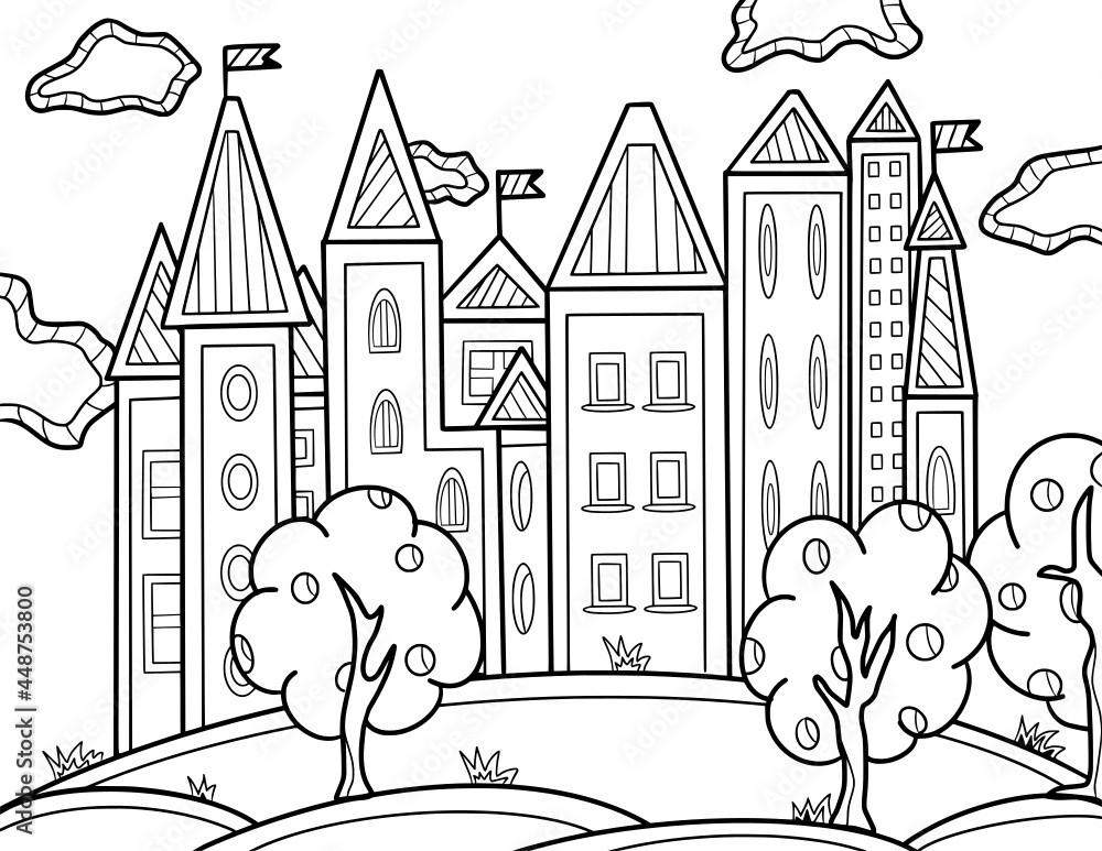 Difficult coloring page for adults and children town with trees.  Relaxation and Meditation