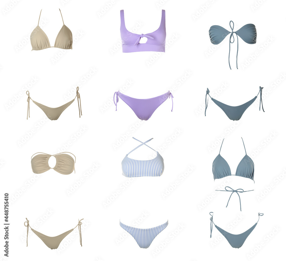Collection of different stylish bikini on white background