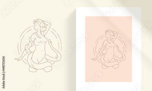 Beautiful female and snake line art style vector illustration