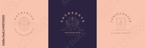 Mystic logos emblems design templates set with magic moon and female hands vector illustrations minimal linear style.