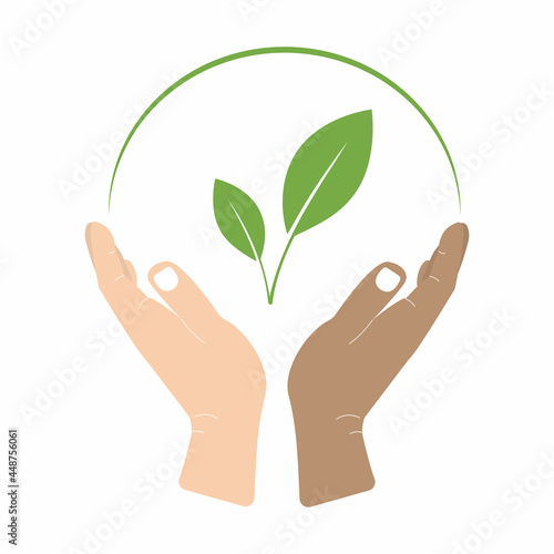 Hands of different skin colors hold green leaves. The concept of caring for and protecting nature. Isolated on a white background. Vector illustration