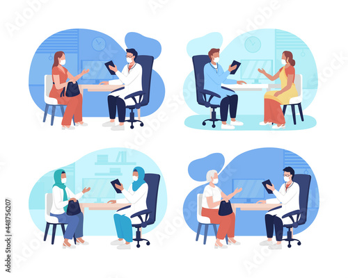 Hospital visiting during pandemic 2D vector isolated illustrations set. Consultation with physician flat characters on cartoon background. Wearing mask to doctor appointment colourful scene collection