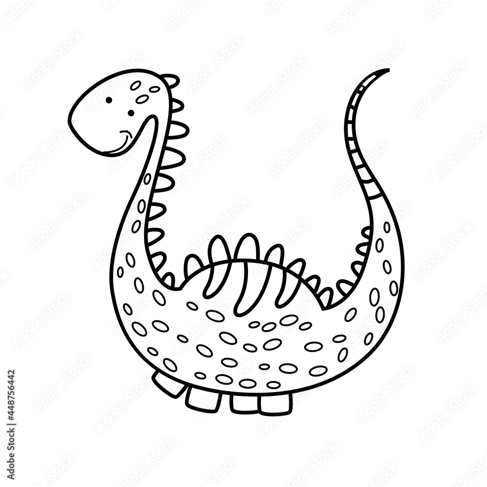 Fototapeta premium Illustration Dinosaur diplodocus in doodle style. An isolated object on a white background. An animal of the Jurassic period similar to a dragon. Coloring pages for kids activity game