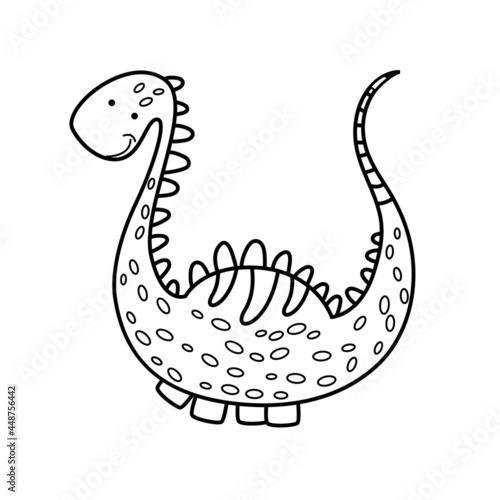 Illustration Dinosaur diplodocus in doodle style. An isolated object on a white background. An animal of the Jurassic period similar to a dragon. Coloring pages for kids activity game