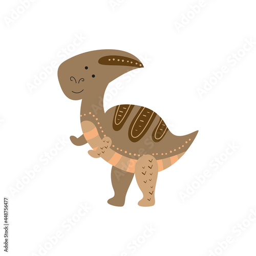 Illustration Dinosaur parasaurolophus in the style of a cartoon. An isolated object on a white background. An animal of the Jurassic period similar to a dragon