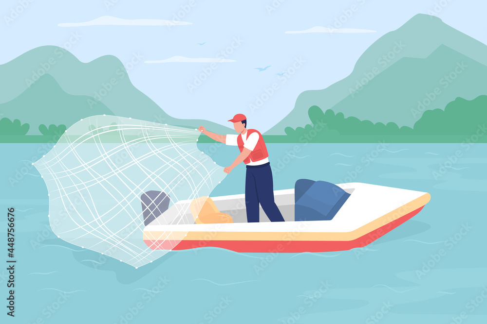 Net fishing from boat flat color vector illustration. Recreational activity. Trawling practice. Angler wearing waterproof jacket 2D cartoon character with mountain landscape on background