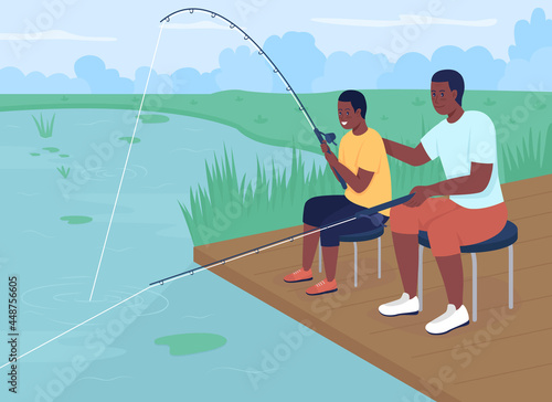 Fishing with dad flat color vector illustration. Summertime outdoor activity for child. Father and son strengthening relationships 2D cartoon characters with lake landscape on background