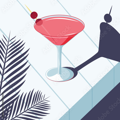 Alcoholic cocktail, cosmopolitan martini style midcentury. Vector image