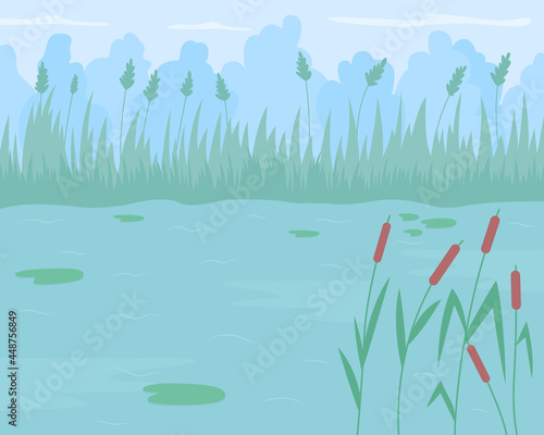 Pond surrounded by reed grass flat color vector illustration. Floating water lilies. Place for relaxing vacation. Lake with aquatic herbs 2D cartoon water body with green scenery on background