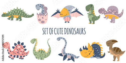 A set of illustrations of cute funny dinosaurs in the Scandinavian style. Jurassic animals. Prints for children s T-shirts or books. Isolated objects on a white background