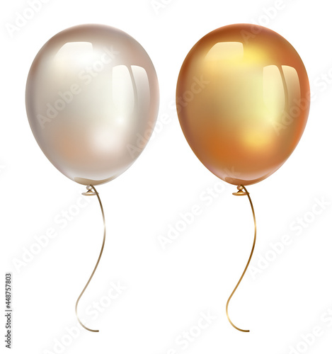 Inflatable air flying balloons isolated on white background. Gold and pearl balloon with reflects. Realistic 3D vector illustration. Birthday balloon set. Background element.