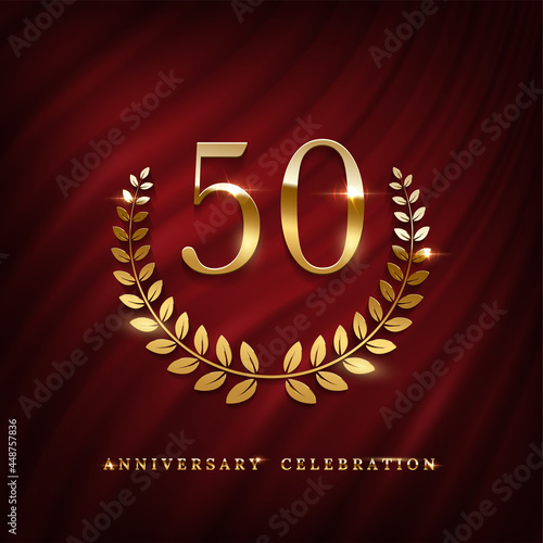 Anniversary celebration logo with golden number fifty template. Birthday, jubilee or wedding with laurel sign vector illustration. Invitation to 50th celebrate. Shiny number on red curtain background