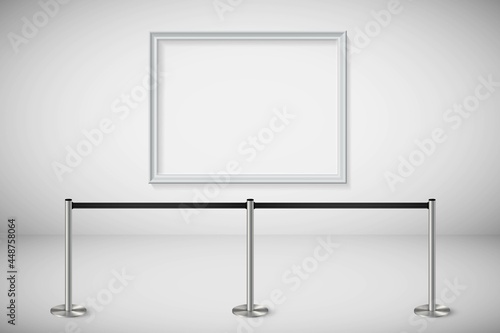 White frame for picture with silver stanchions barrier. Mock up template for famous painting vector illustration. Realistic scene with fence and wall indoor on grey background