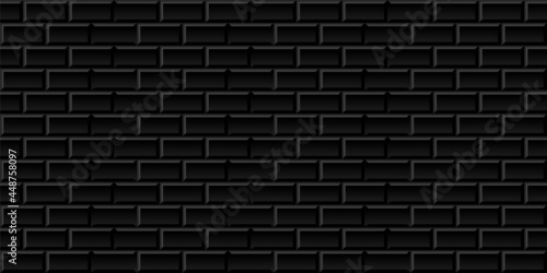 Black metro tiles seamless background. Subway brick horizontal pattern for kitchen, bathroom or outdoor architecture vector illustration. Glossy building interior design tiled material