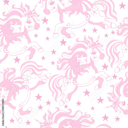 Seamless vector pattern with cute unicorns and girls on white