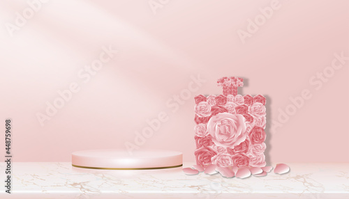 Studio room background, Pink rose in perfume shape with gold Cylinder Stand on rose gold foil marble,Vector Realistic 3D backdrop for Product presentation,Cosmetic or spa in minimalist style