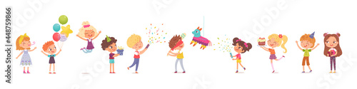 Happy birthday, kids celebrating at party set. Cute children with balloons, cake, confetti, gifts vector illustration. Little boys and girls smiling and jumping on white background
