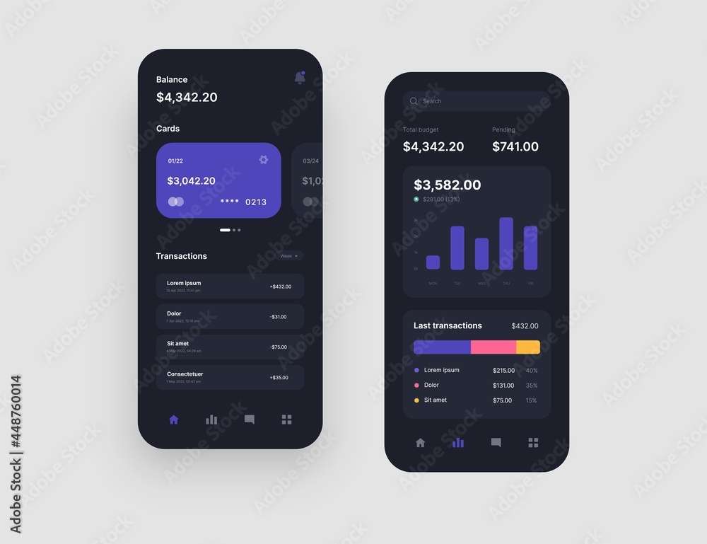Mobile app interface design in dark colors with UI and UX elements. Use design for web application or mobile app. Mobile app interface design in dark colors with UI and UX elements. Use design for web application or mobile app.
