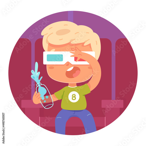 Kid watching movie on screen at cinema. Little boy watch film in theater, sitting on seat in amazement vector illustration. Leisure and entertainment in childhood